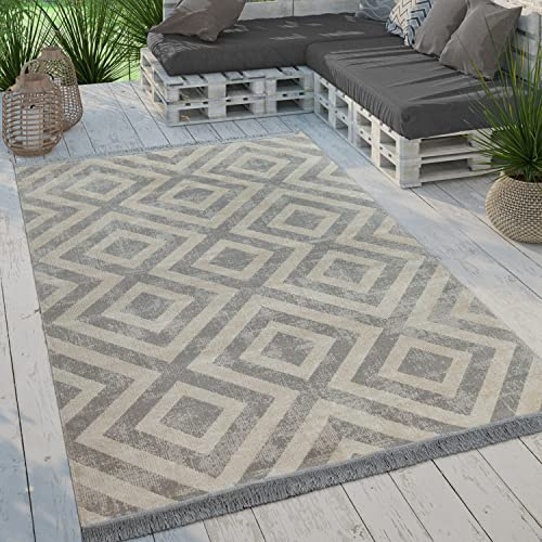 Paco Home Moderner Outdoor Teppich Geometrisches Rauten-Muster im Vintage-Look Flachgewebe Wetterfest & Pflegeleicht für Garten, Terrasse & Balkon, Grösse:120x170 cm, Farbe:Grau-Weiß