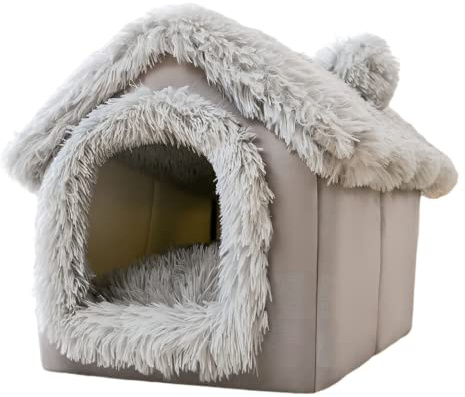 SEOUGEE Dog House, Warm and Cozy Cat Cave Bed Indoor with Removable Cushion, 3 In 1 Washable Plush dog Igloo, Foldable Non-Slip Kennel for Pets Puppy Kitten Rabbit
