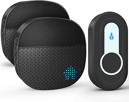 Campanello Wireless con 2 Ricevitore, Campanello Senza Fili da Esterno Impermeabile, Portata 400m, 55 Suonerie, 5 Volume Regolabile, Indicatore LED Lampeggiante, Nero