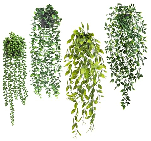 ROLLWAY 4Pcs Plante Artificielle Interieur Tombante avec Pot Fausse Plante Verte Tombante en Pot Petite Plantes Artificielles Suspendues Interieur Fausse Plante Tombante Artificielle (Vert Type A)