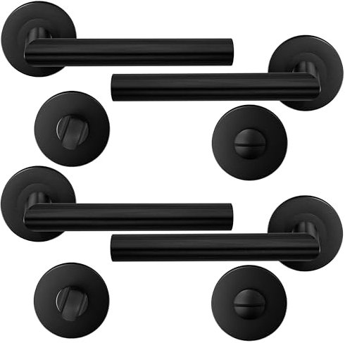 HAIFUAN Lot de 2 poignées de porte à levier en acier inoxydable avec bouton de salle de bain, ensemble de poignées de verrouillage de porte, barre de main de porte, couleur noire (S02-103BK-B-2)