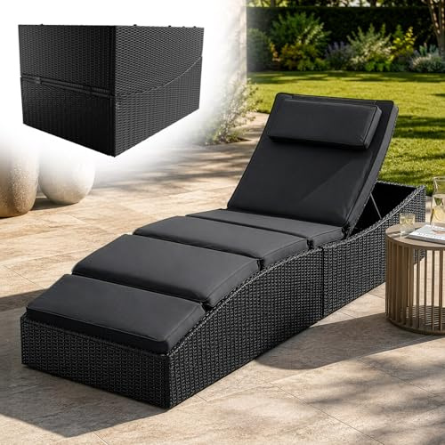 Juskys sdraio pieghevole Lamia – Da giardino, balcone, esterno – Polyrattan con cuscino e poggiatesta regolabile – Caricabile fino a 160 kg – Nero