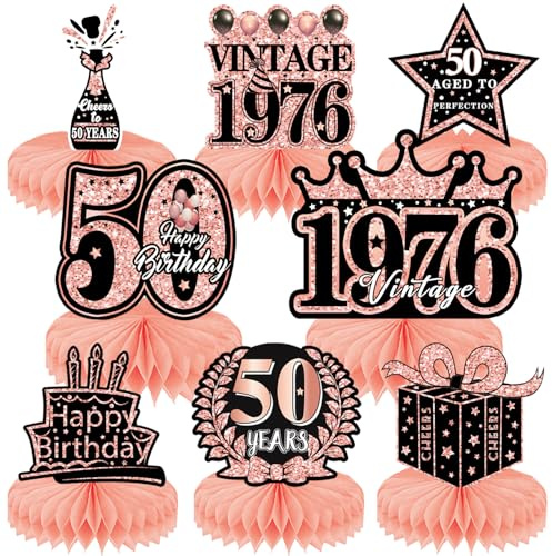HenfuME Decorazioni Compleanno,8 Pz Centro Tavolo Addobbi Compleanno Addobbi 50 Anni Donna Decorazioni Tavolo Compleanno da Oro Rosa Toppers da Tavolo per Uomini E Donne (50 Anni)
