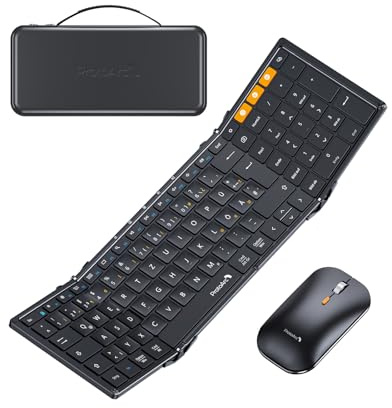 ProtoArc XKM01 vikbart tangentbord och mus | Bluetooth-tangentbord i full storlek vikbart med numeriskt tangentbord | 2,4 G + dubbelt Bluetooth-vikbart tangentbord QWERTZ-layout Windows/Mac/Android –