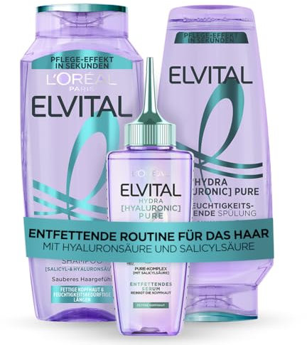 L'Oréal Paris Elvital Hydra Hyaluronic feuchtigkeitsspendendes Set für glänzendes Haar, Für einen Feuchtigkeitsboost, Glanz & Schutz, langanhaltende Pflege, Shampoo 300ml, Spülung 250ml, Serum 102ml