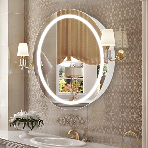 Janboe Armadio medico rotondo con luci, 66 cm, armadietto per medicinali a LED con annebbia, specchio illuminato per bagno, dimmerabile, senza appannamento, temperatura di colore 3000 K-6500 K, bianco