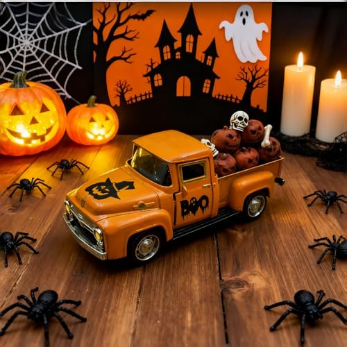 Teeloray Lanterne per Halloween, decorazione di zucca, vintage, in metallo, con mini scheletro e zucca, per tavolo, spaventosa zucca, Halloween, decorazione interna per feste a tema, camino, casa