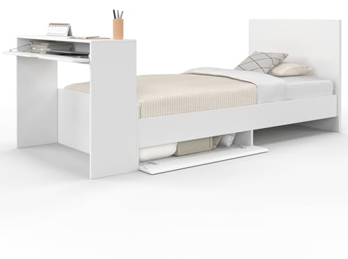 IDMarket - Lit Simple Omaha 90 x 190 cm avec sommier, tête de lit, Bureau et rangements Blanc