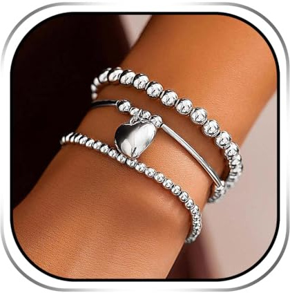 Evlry Boho-pärlarmbandsset med silver hjärthänge, modeaccessoar för kvinnor och flickor (3 stycken)