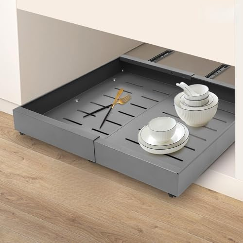 RjcdOPL 2PCS Pull Out Cabinet Organiser, 32-52cm Extendable Telescopic Drawer, Carbon Steel Slide Out Storage Shelf, No Drill Adhesive Installation for Kitchen, Pantry, Bathroom (Grey)