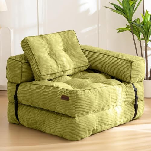 MAXYOYO Foldable Sofa Bed,Bean Bag Couch Convertible Sleeper Chair with Armrest L-Shaped Floor Lounge Sofa with Pillow Portable Lounge Seat for Bedroom & Living Room