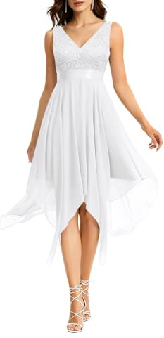 Onsoyours Robe de Soirée Femme Asymétrique au Genou Col-V sans Manche Robe en Dentelle Mousseline e Cocktail Robes Chic Elégant