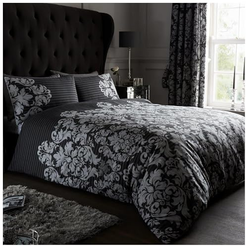 GC GAVENO CAVAILIA Damask Duvet Cover Single - Paisley Bedding Set - Polycotton Fabric Quilt Cover With Pillowcase - Bed Linen - Black