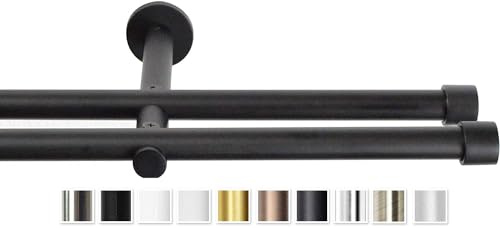 Rollmayer Vorhangstange Gardinenstange Ø19 mm Metall (200cm Schwarz Matt 2-läufig mit Crux) Wandbefestigung ohne Ringe verschiedene Größen und Endstücke für Wohnzimmer Schlafzimmer und Büro