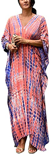 Orshoy Womens Kimono Kaftans Summer Loose Caftan Dress Bikini Cover Up Boho Sarong Tunic Swimsuit Swimwear B-Pink Purple