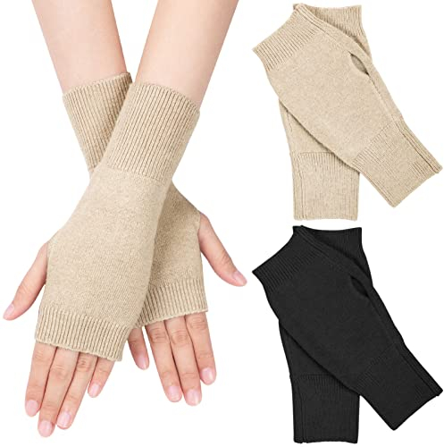 MELLIEX 2 Paar Halb Fingerlose Handschuhe, Winter Kaschmir Pulswärmer Handstulpen Unisex Warm Strickhandschuhe Schwarz/Braun