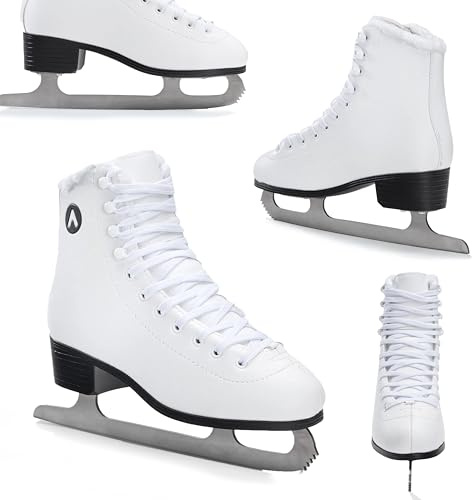 ATTABO Patins Artistiques pour Femmes Lame en Acier Inoxydable Laçage Classique Crochets Renforcés Doublure en Fourrure Artificielle Blanc Confortable FS