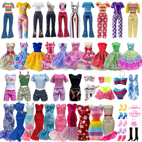 30 Pieces Doll Clothes and Accessories for 11.5 Inch Girl Dolls Including Random 5 Tops, 5 Pants, Random 3 Dresses, Random 3 Fashionable Dresses, Random 2 Swimwear, 6 Pairs of Shoes, 1 Bag, 5 Hangers