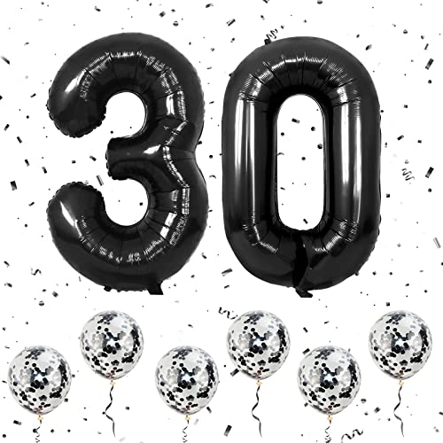 Palloncini Numero 30 Nero, Palloncini Numero 3 & 0 in Lamina Grande da 40 Pollici con 6 Palloncini Elio Coriandoli Nero, Palloncino 3 30 Compleanno per Uomo Donna Feste Romantiche Anniversario