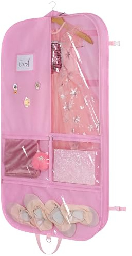 Univivi Pink Garment Bags for Dance Costumes 40 Inch Dance Costume Garment Bag for Girls, 3 Medium Clear Zipper Pockets and 2 Back Zippered Pocket, with 1 xPendant, 3 x Badge