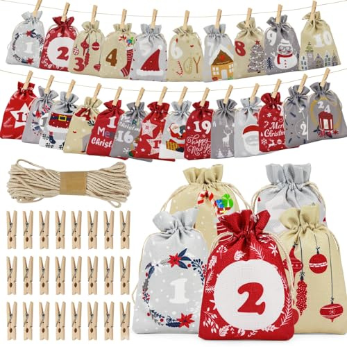 Coicok 24 pezzi Calendario dell'Avvento 2025, Sacchetti Regalo per Decorazioni Natalizie, Calendario avvento fai da te, Borse Stoffa Coulisse Natalizie, Con Clip e 10m Corda di Canapa