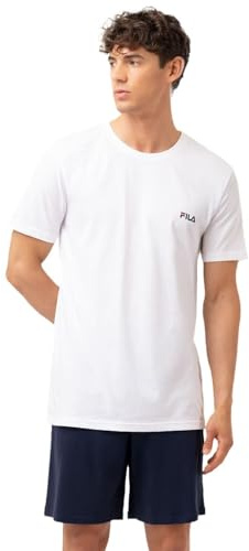 Fila Pigiama Uomo Cotone 100%, Set Maglietta e Pantaloni Corti Uomo, Morbido e Confortevole, Bianco, Blu, Taglie L