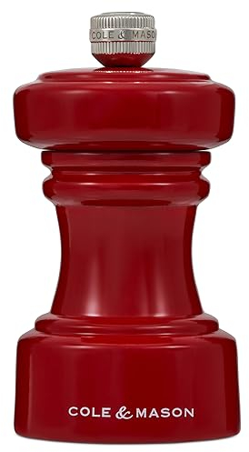 Cole & Mason Hoxton Rojo Brillo Molinillo de Sal, Precision+/Molienda Ajustable, Madera de Haya, 104mm, Incluye 1 x Molino, Garanzia del Meccanismo a Vita