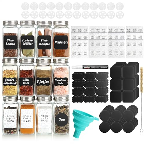 com-four® Gewürzgläser Set [ Eckig - 12x | 120ml ] mit Gewürzetiketten, je 2 Streueinsätze, Stift zum Beschriften der Etiketten | Silikon Trichter, Reinigungsbürste (12 Stück Gläser mit Zubehör)
