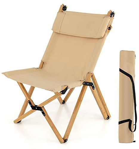 COSTWAY Campingstol med justerbart ryggstöd, bärbar hopfällbar stol av bambu, inklusive bärväska, ultralätt fällstol, solstol, strandstol för camping, terrass, strand