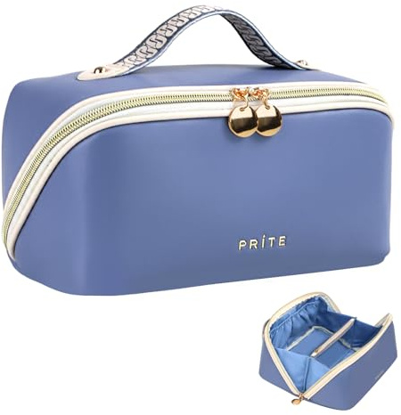 Prite Makeup Bag for Women Travel Waterproof Vegan Leather Cosmetic Bag Open Flat Toiletry Bag With Clear Divider and Handle (Blue)