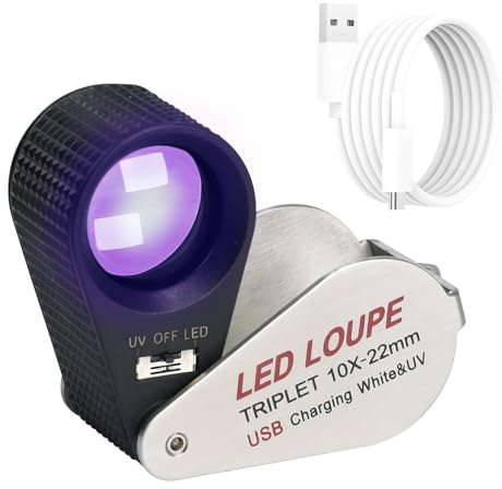 Illuminated Jewelers Loupe Magnifier 10x, Rechargeable Jewelers Loupe Foldable Jewelry Magnifier LED Loupe Triplet with 6 LEDs & UV Light for Gems, Jewelry, Coins, Stamps, etc