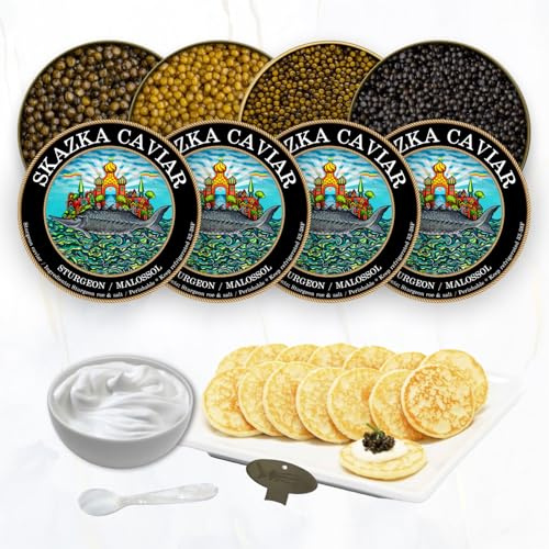 SKAZKA Caviar Gift Set – Premium Kaluga, Osetra, and Amur Sturgeon (1oz Each) with Pearl Spoon, Blini, and Crème – Gourmet Food Gift for Special Occasions, FAST DELIVERY