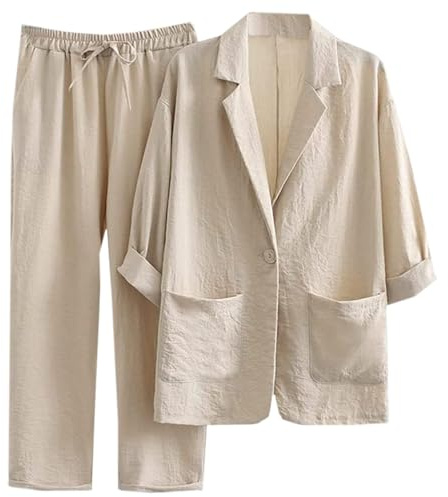 Generico Ensemble Complet de Survêtement pour Femme d'Été Curvy Ensemble de Deux Pièces Oversize en Lin et Coton Bleu + Pantalon à Jambe Large Décontracté Ensemble Grandes Tailles Léger Ensemble de