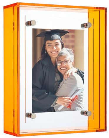 sourcing map Acrylic Picture Frame 3x4 Orange | Floating Picture Frames for Wall or Tabletop Display, Hanging Photo Frame Stand for Office Home,