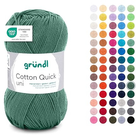Gründl Ull Cotton Quick uni – tunn ull för virkning – stickgarn – virkgarn – glänsande och hudvänligt – 100% bomull – 1 nystan 50 g/125 m – nåltjocklek 3–4 – gröngrå | Tunn ull för virkning – stickgarn – virkgarn – glänsande och hudvänligt – 100 % bomull – 50 g/125 m