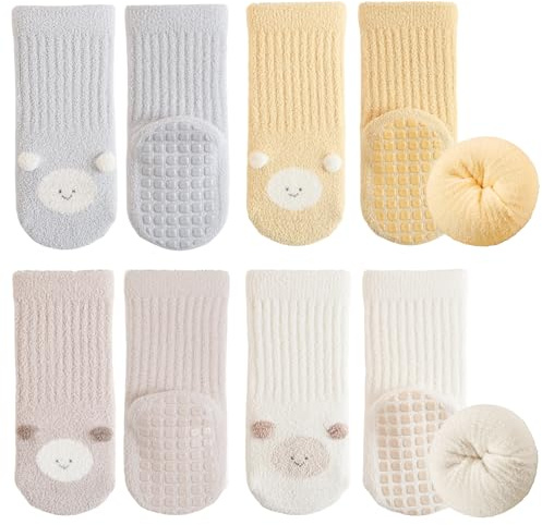Simpeak 4 Pack Baby Socks, ABS Anti-Slip Toddler Sock in Autumn and Winter, Cute Ear Thickened Warm Grip Socks Kids for Boys and Girls 0-1 Years Old, Size S
