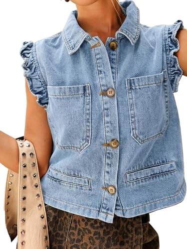 PEIHOT Womens Denim Vest Sleeveless Ruffle Sleeve Cropped Jean Vests Jackets Cowgirl Y2k 2026 Blue
