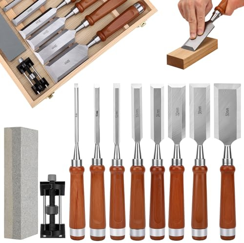 Juego de Formones para Madera Profesional, 10 Cinceles de Carpintería (6-50mm) con Mango de Madera, Piedra de Afilar, Guía y Caja de Almacenamiento | Herramientas para Tallar y Bricolaje