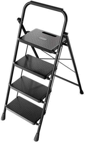 Sekey Scaletta Pieghevole 4 Gradini, Alto Scala Domestica con Telaio in Acciaio, Gradini di Plastico Antiscivoli, Pieghevole per Casa, TÜV & SGS, EN 131-2 & 14183, Capacità di Portata 150 Kg, Nero