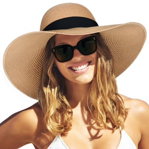 FURTALK Womens Sun Straw Hat Wide Brim UPF 80 Summer Hat Foldable Roll up Floppy Beach Hats for Women, Khaki+Black Ribbon, M-L