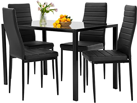 FDW | 5-Piece Dining Table Set | Black | Glass Kitchen Table with 4 Upholstered Chairs and Faux Leather Cushions | Space-Saving and Modern Design | for Dining Room, Easy to Assemble