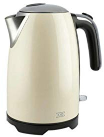 KHG Retro Wasserkocher WK-1714 CE Edelstahl creme beige 1,7 Liter, auswaschbarer Kalkfilter, Wasserstandsanzeige, Trockengehschutz & Abschaltautomatik, verdecktes Heizelement, BPA-frei, 2200 Watt