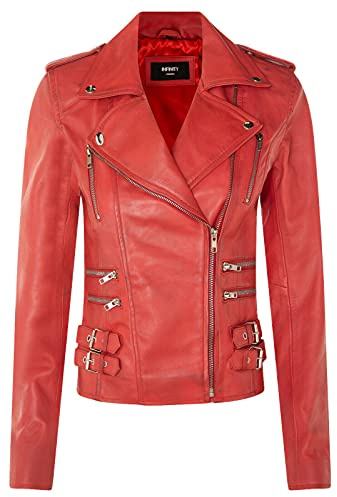 Veste Motard Rouge Rétro 100% Cuir Dames 5XL