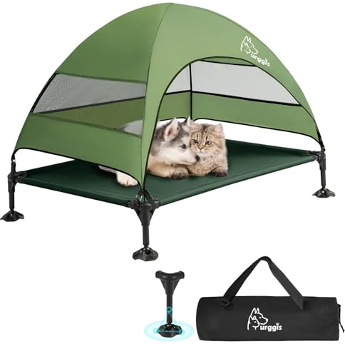 Upgraded Elevated Dog Bed with Canopy, Portable Raised Outdoor Dog Bed with Stable Anti-Slip Feet, Removable Wider Shade, Raised Dogs Cot for Large Pets Camping, Indoor & Outdoor Use