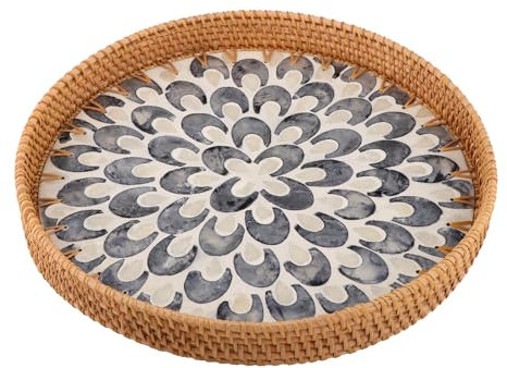 Bvdfgk Vassoio rotondo in rattan, vassoio rotondo in rattan con madreperla, cestino decorativo da tavolo in vimini con base in legno per conservare, esporre caffè, pane, cibo, frutta, 35 cm