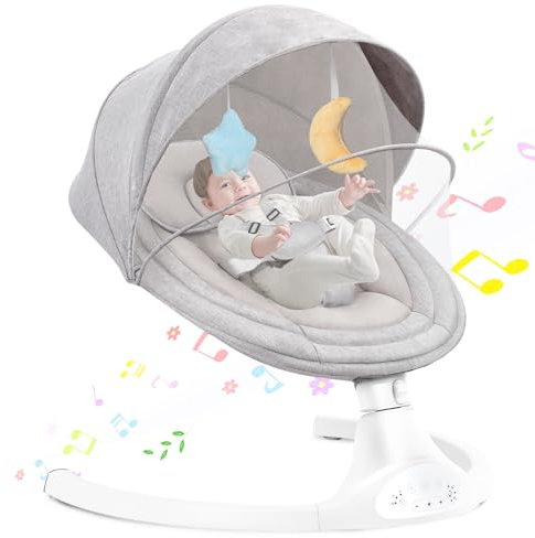 GERCHAM Silla Mecedora Bebe Eléctrica, Hamaca bebé electrica, Balancin para Bebe con 5 Amplitudes/Bluetooth/Música/Cinturón de Seguridad/Techo Removible y Mosquitera