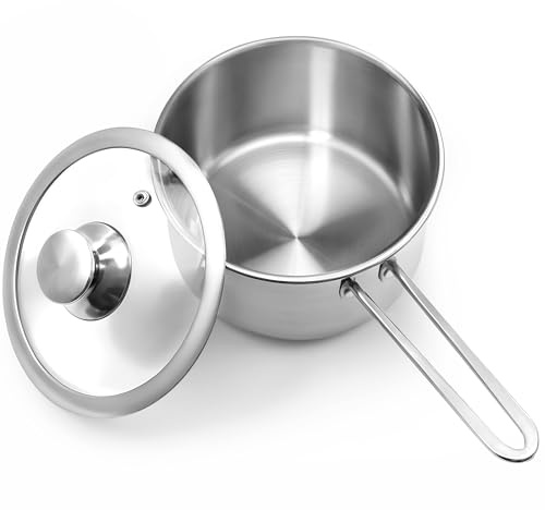 AuFranc® 2 Quart Tri-ply Stainless Steel Saucepan with Glass Lid, Induction Sauce Pan Compatible with All Cooktops, Non-Toxic Sauce Pot with Stay Cool Handle, Oven & Dishwasher Safe (Silver)
