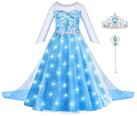 ACWOO Prinsesskostymer för flickor, upplyst magisk snöprinsessklänning, upplyst prinsessklänning, flickor, jul, halloweenklänning med LED, prinsessa, maskeradklänning för födelsedag, cosplay