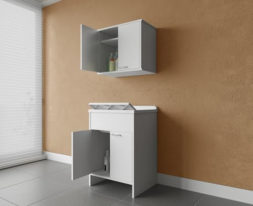 Negrari composizione, Mobile Lavatoio + Pensile in Resina, Resistente all'umidità, Vasca resistente agli acidi, Kit di scarico incluso, Interno e Esterno, Bianco