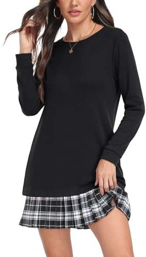 PrinStory Ladies Jumper Dresses Crew Neck Long Sleeve Mini Dresses For Women Uk With Pleated Skirt